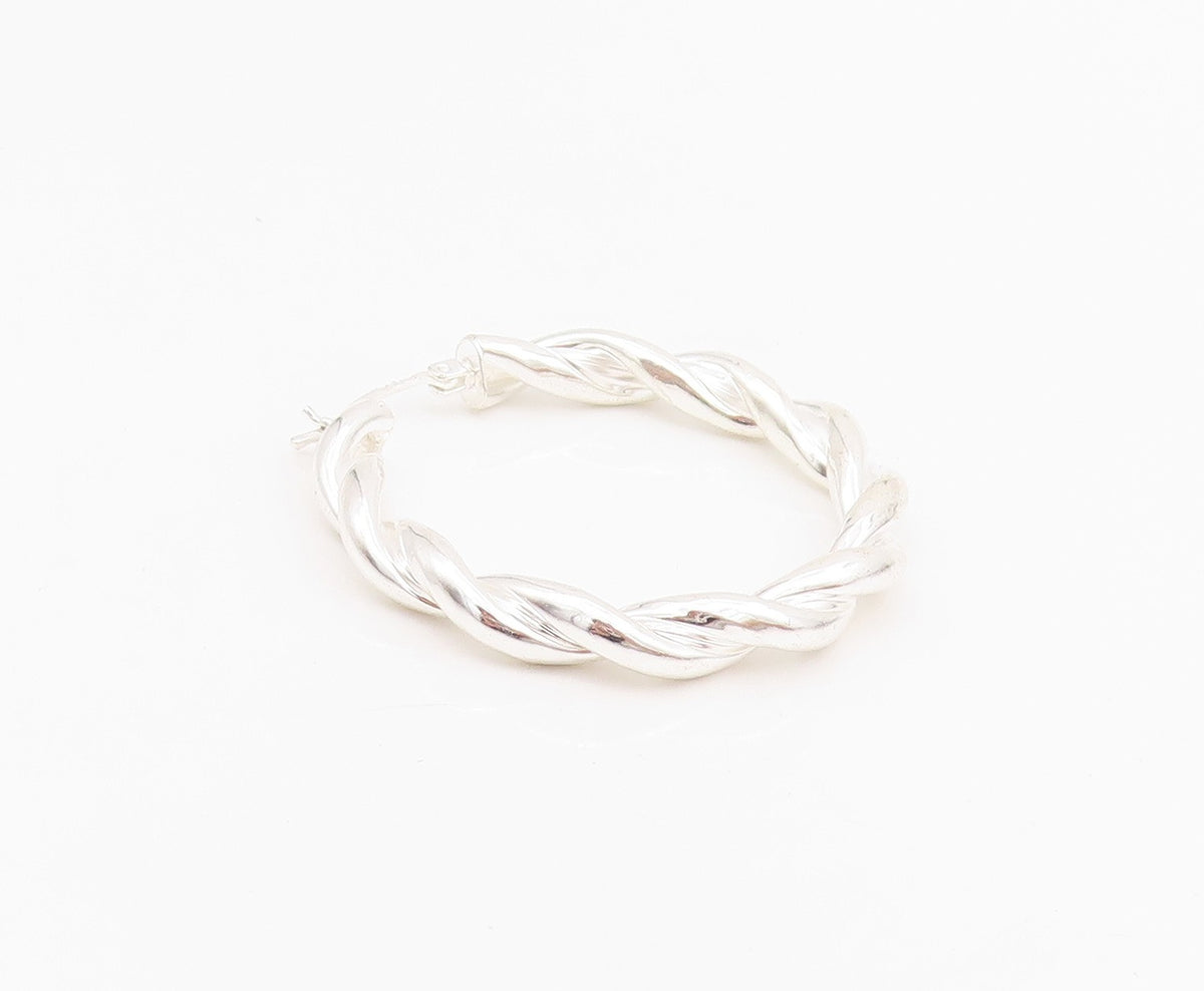 925 Sterling Silver Vintage Earrings Modernist Twisted Wire Design Hoops EG13651