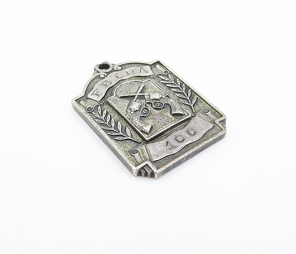 925 Sterling Silver  Vintage Antique FBIRA Guns Floral Leaf Pendant  PT4081