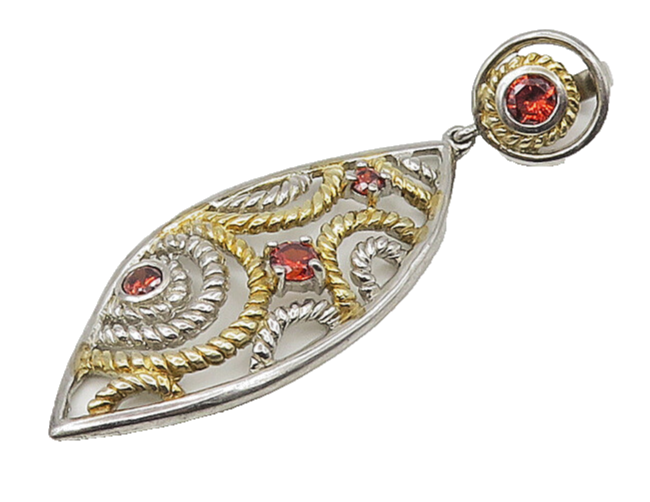 925 Sterling Silver  Vintage Red Topaz Shiny Two Tone Twist Pendant  PT17262