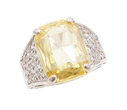 925 Sterling Silver Vintage Ring Rectangle Citrine & CZ Band  Sz 10  RG31678