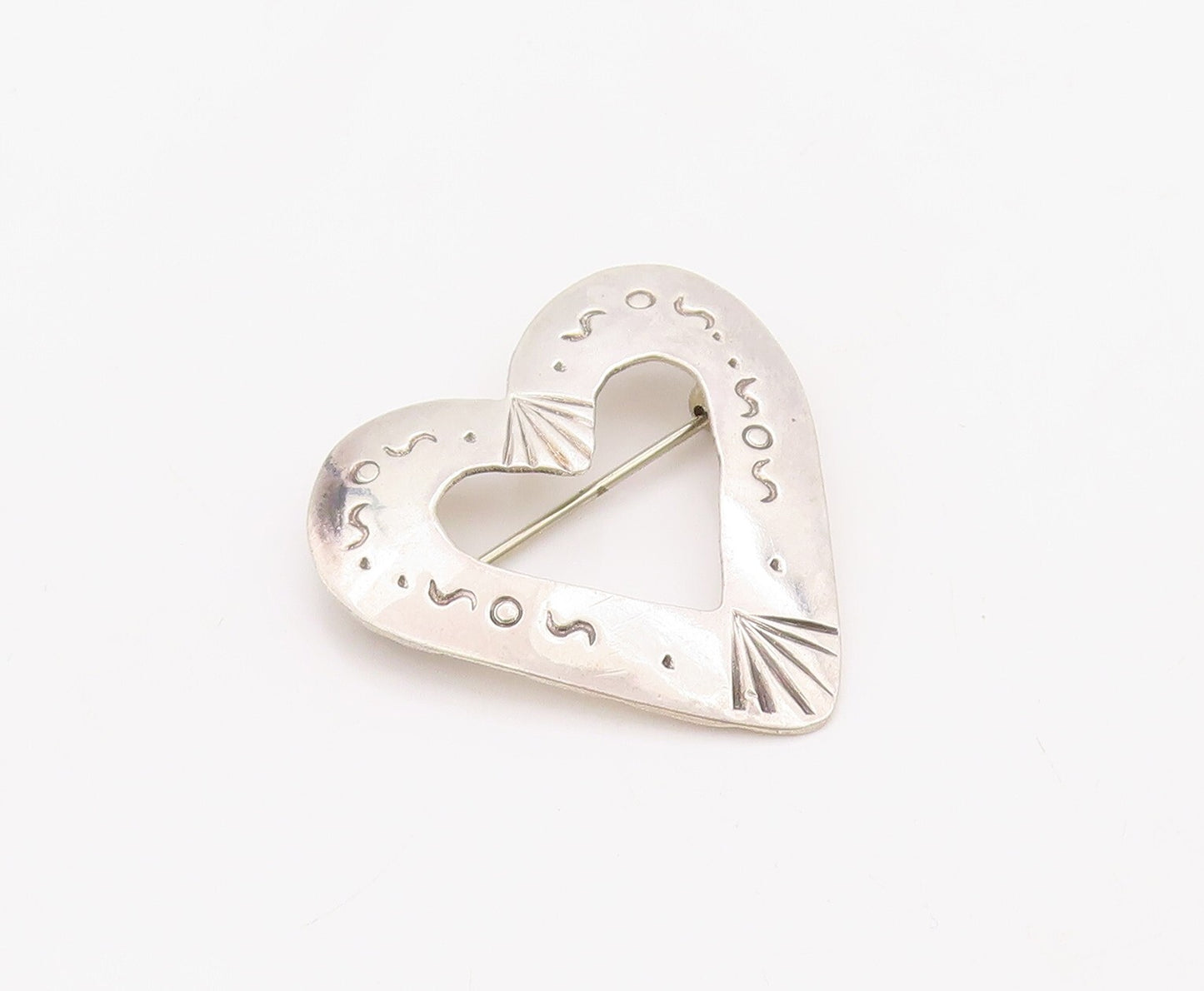 925 Sterling Silver Vintage Brooch Pin NAVAJO SOS Etched Cutout Heart  BP11206