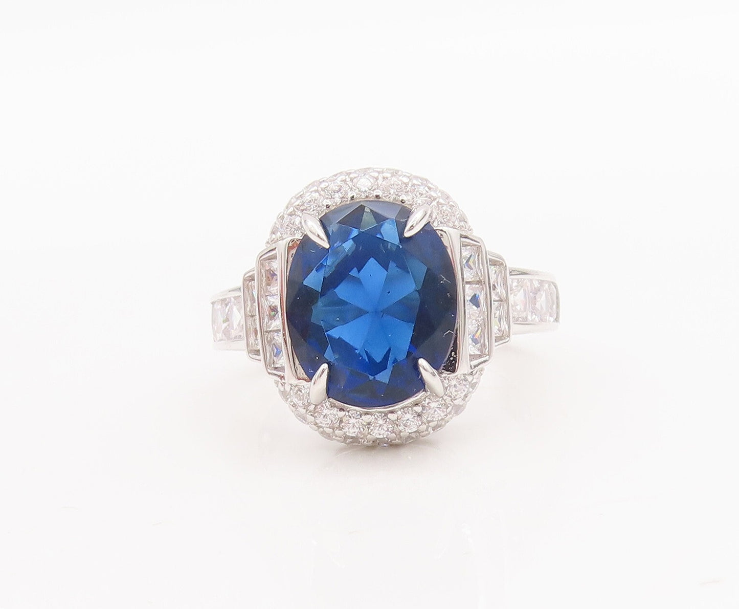 925 Sterling Silver Vintage Ring Designer Oval Sapphire Halo CZ  Sz 7  RG29028