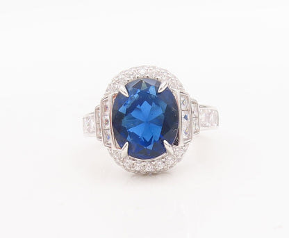 925 Sterling Silver Vintage Ring Designer Oval Sapphire Halo CZ  Sz 7  RG29028