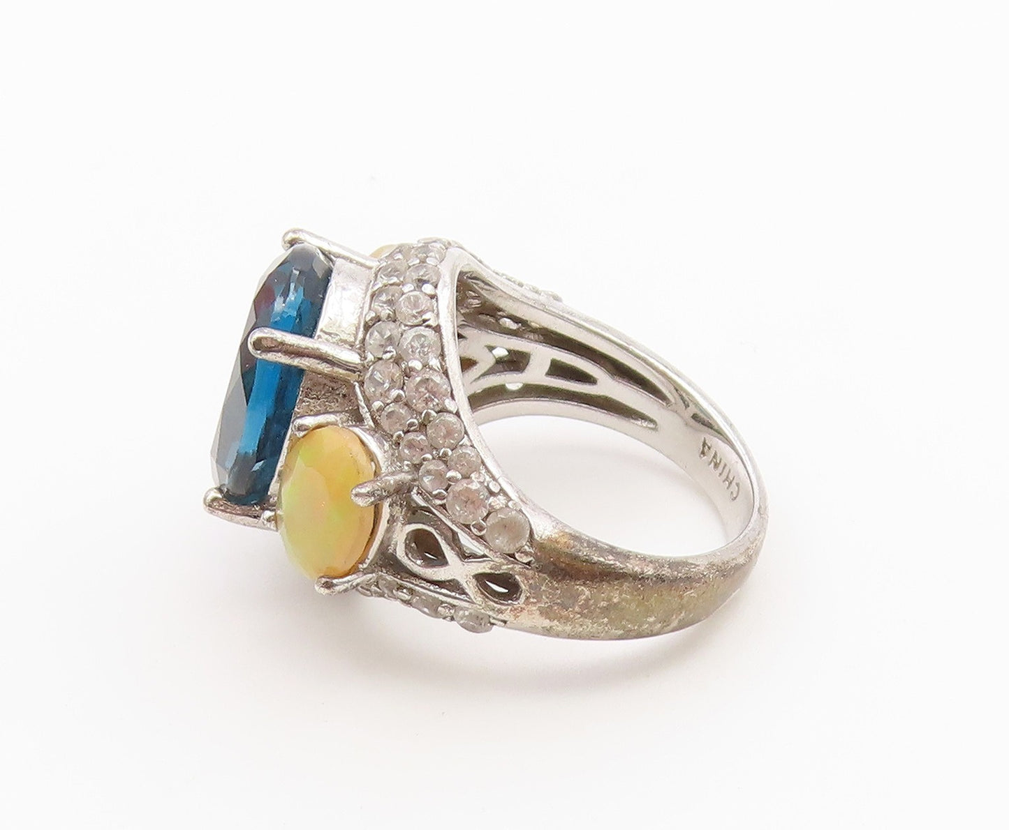 925 Sterling Silver Vintage Ring Blue Topaz & Opal Statement Band  Sz 4  RG36844