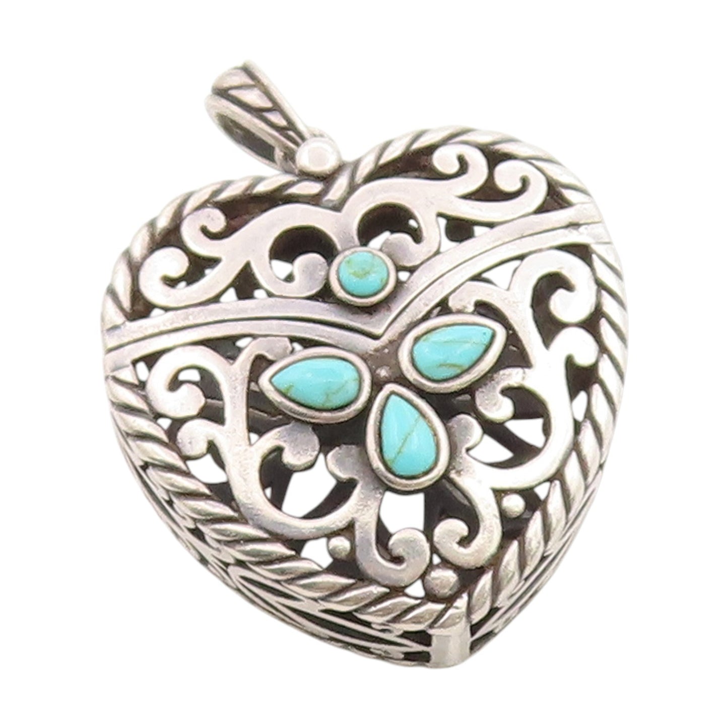 925 Sterling Silver Vintage Pendant Turquoise Scrollwork Heart OPENS  PT25834