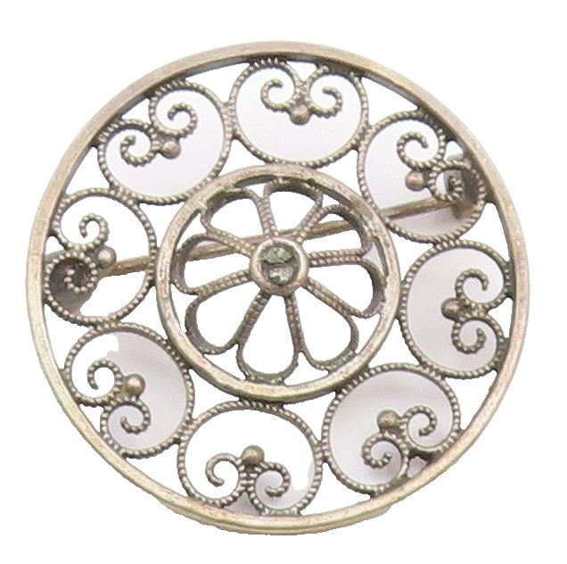 NORWAY 925 Silver  Vintage Round Pretzel Twist & Flower Dome Brooch Pin BP9601