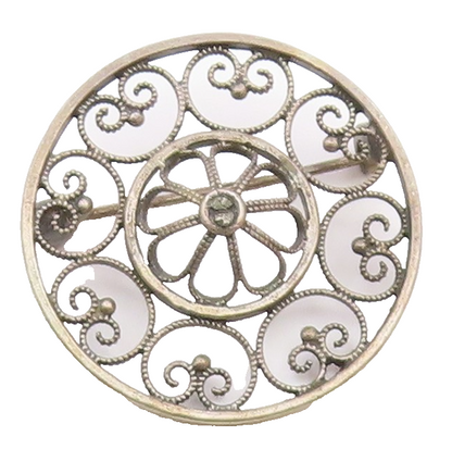 NORWAY 925 Silver  Vintage Round Pretzel Twist & Flower Dome Brooch Pin BP9601