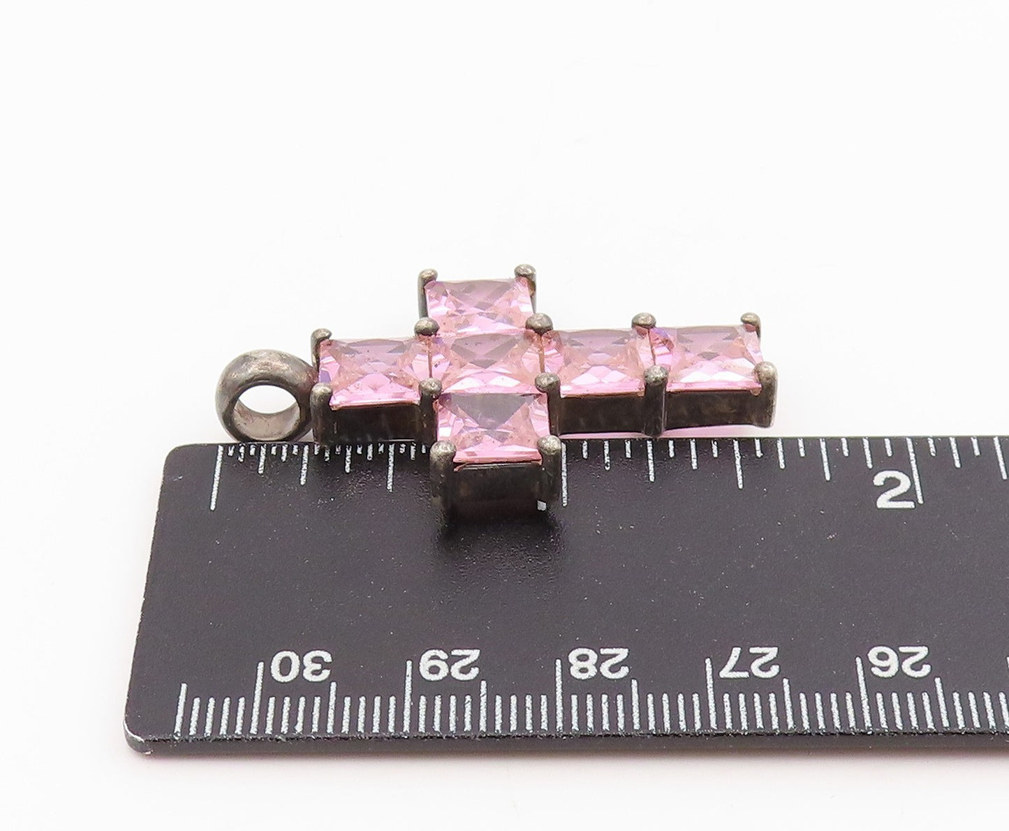 925 Sterling Silver Vintage Pendant Pink Topaz Religious Cross Charm  PT25688