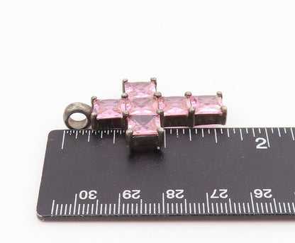 925 Sterling Silver Vintage Pendant Pink Topaz Religious Cross Charm  PT25688