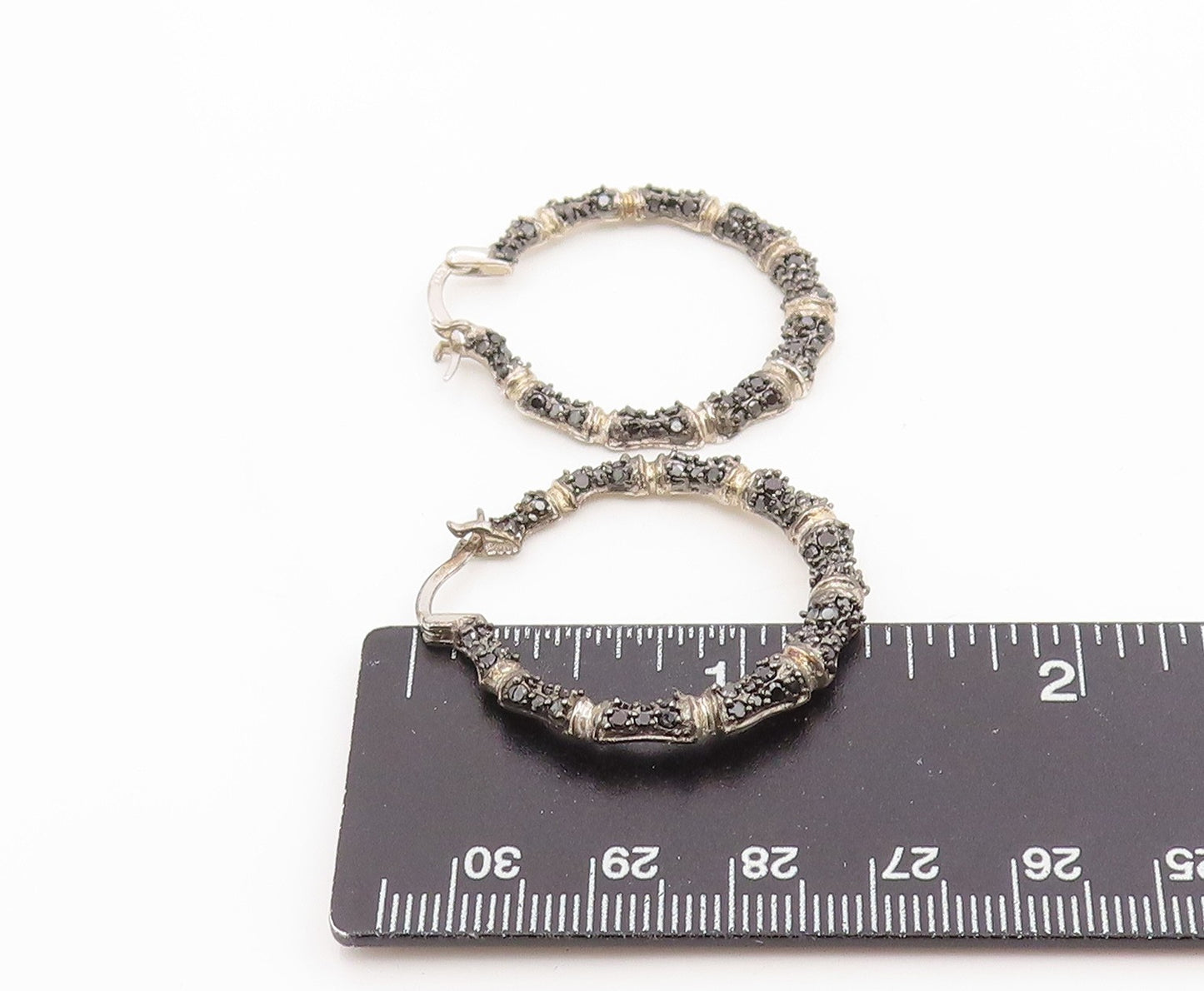 925 Sterling Silver Vintage Earrings Black Spinel Bamboo Style Hoops  EG14351