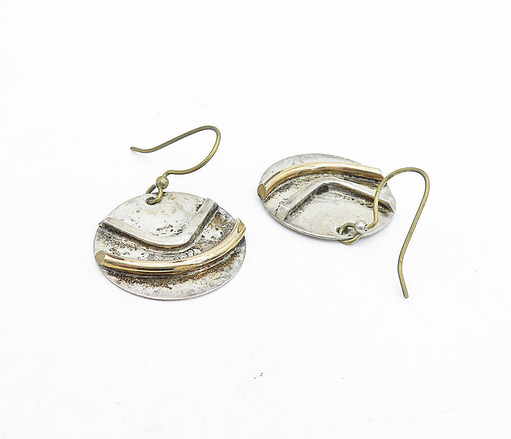925 Sterling Silver  Vintage Modernist Two Tone Design Dangle Earrings  EG2634