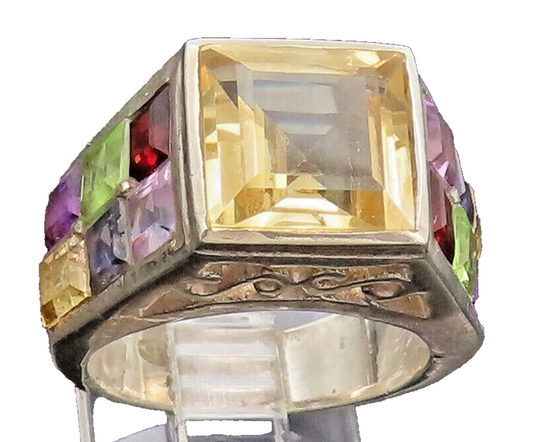 925 Sterling Silver  Vintage Multicolor Multi Gemstone Ring Sz 7.75 RG26826