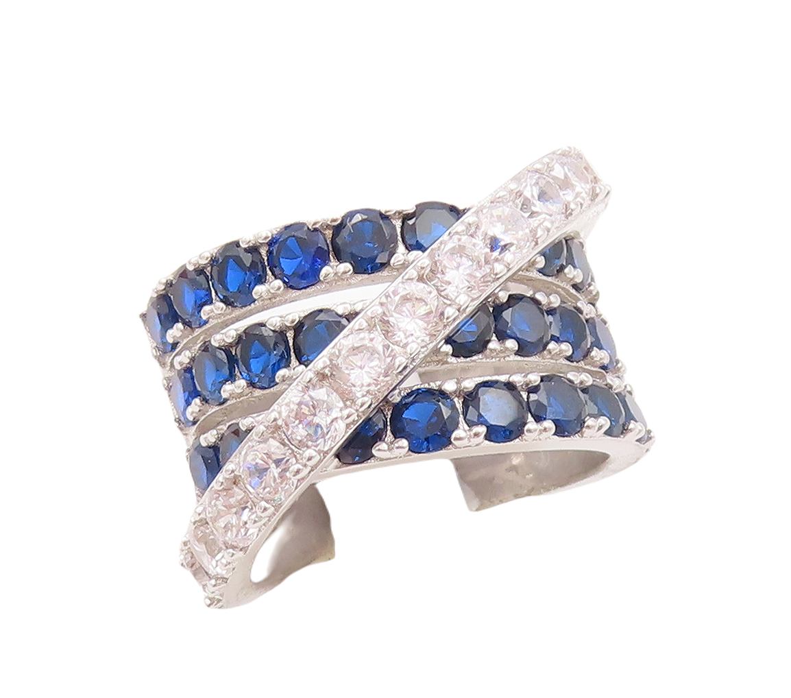 925 Sterling Silver Vintage Ring Designer Sapphire & CZ Bands  Sz 7  RG29464
