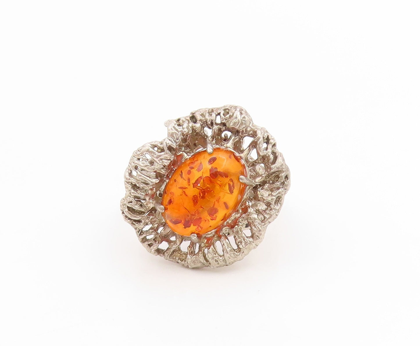 925 Sterling Silver Vintage Ring Oval Honey Amber Brutalist Band Sz 7.5 RG33932
