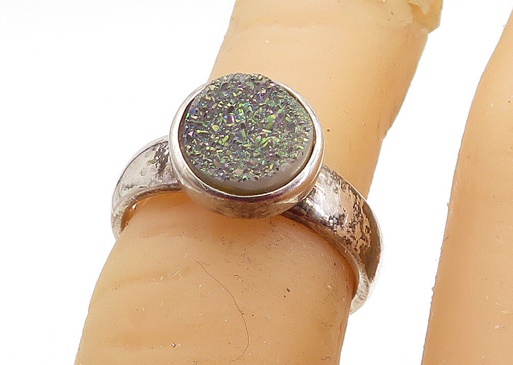 925 Sterling Silver  Vintage Druzy Stone Dark Tone Solitaire Ring Sz 5  RG5655