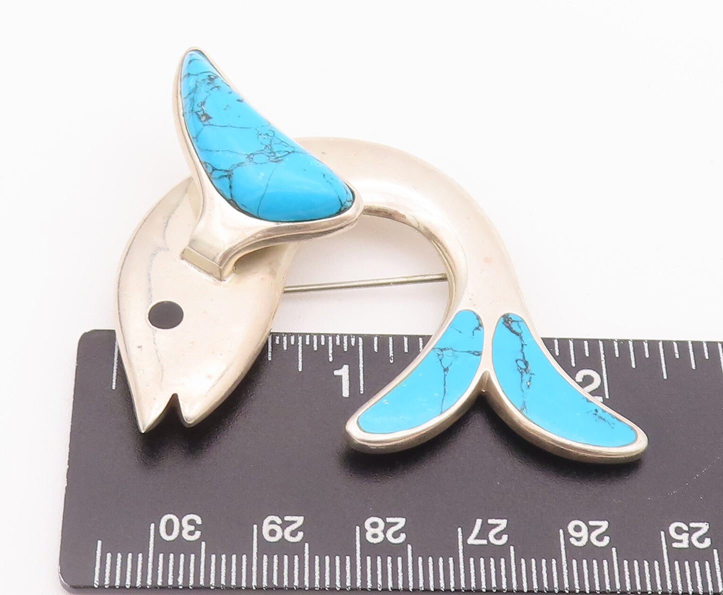 925 Sterling Silver Vintage Brooch Pin MEXICO Diving Turquoise Dolphin  BP10742