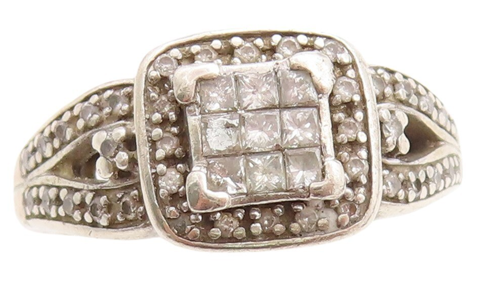 925 Sterling Silver Vintage Ring 1/4 Ct Diamonds Square Inlay Sz 7 RG31191