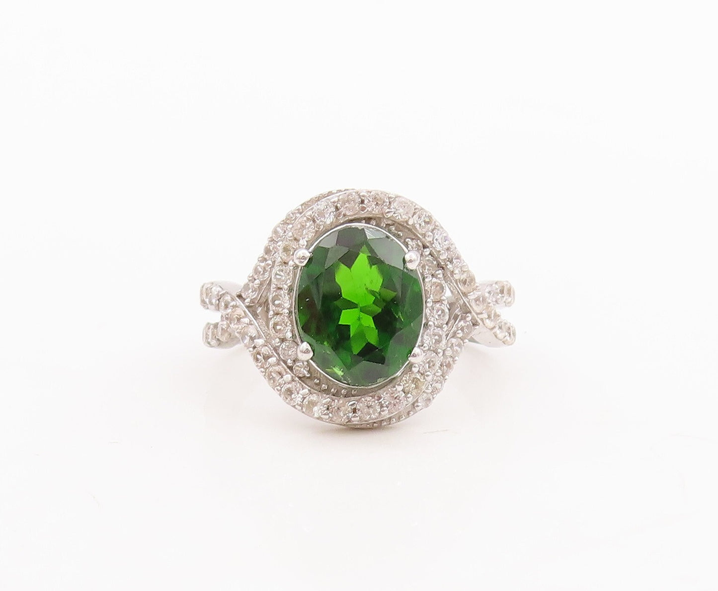 925 Sterling Silver Vintage Ring Designer Oval Green White CZ   Sz 7  RG29641