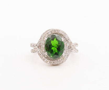 925 Sterling Silver Vintage Ring Designer Oval Green White CZ   Sz 7  RG29641