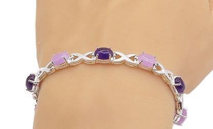 925 Sterling Silver  Cabochon Cut Amethyst Polished Chain Bracelet  BT3096