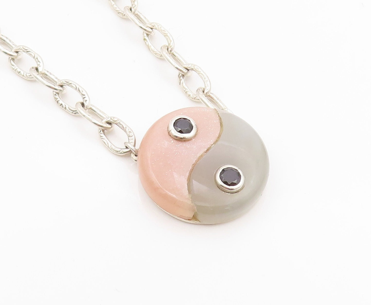 925 Sterling Silver Vintage Necklace Designer Gemstone Inlay Yin Yan  NE4453