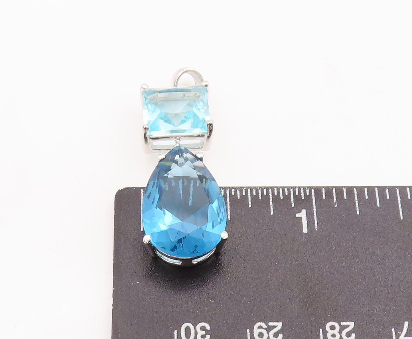 925 Sterling Silver Vintage Pendant Square & Drop Cut Two Tone Blue CZ  PT23077