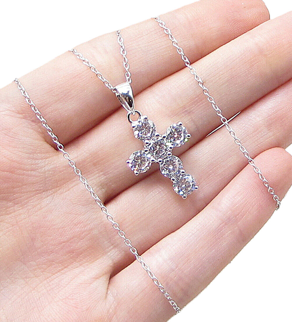 925 Sterling Silver  Faceted White Topaz Cross Pendant & Chain  PT1326