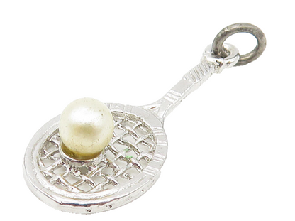 925 Sterling Silver  Vintage Petite Pearl Tennis Racket Sports Pendant  PT9204