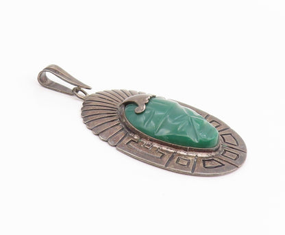 925 Sterling Silver Vintage Pendant MEXICO TAXCO Carved Green Onyx Mask  PT26044