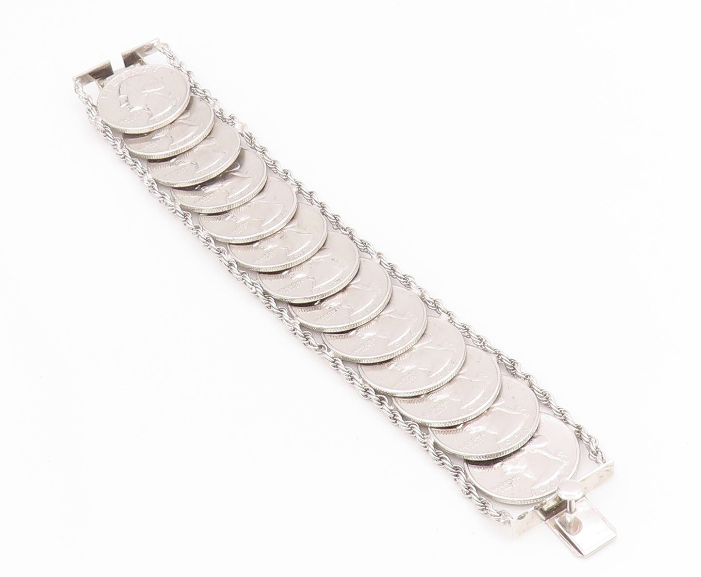 925 Sterling Silver Vintage Bracelet Solid US Quarter Dollar Coins Link  BT11626