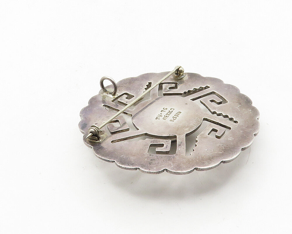 MEXICO 925 Silver  Vintage Antique Black Onyx Greek Key Brooch Pin  BP3967