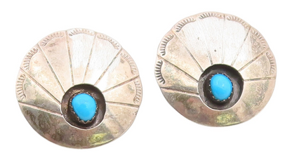 925 Sterling Silver Vintage Earrings NAVAJO Turquoise Concho Clip On  EG14433