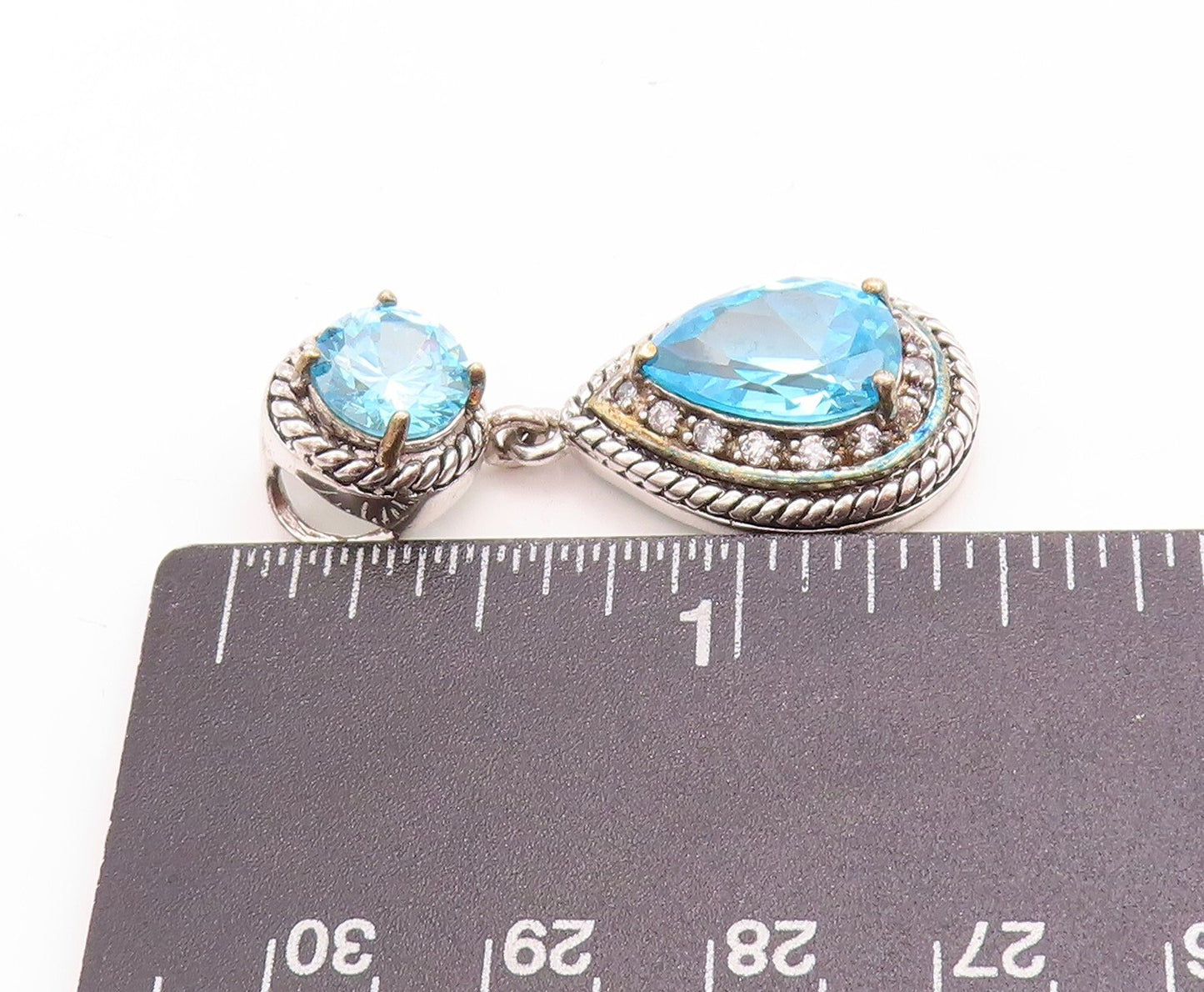 925 Sterling Silver Vintage Pendant Drop & Round Cut Blue & White Topaz  PT23767