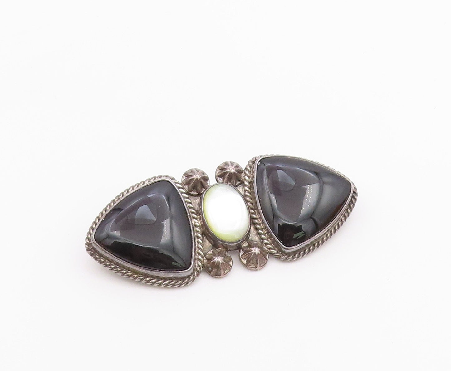 REVE 925 Silver  Vintage Black Onyx & Mother Of Pearl Twist Brooch Pin  BP8087