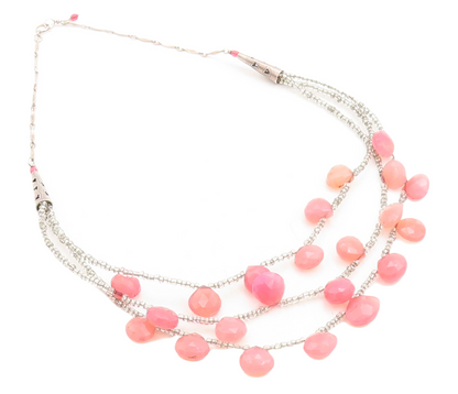 925 Sterling Silver  Vintage Faceted Pink Chalcedony Chain Necklace  NE1161