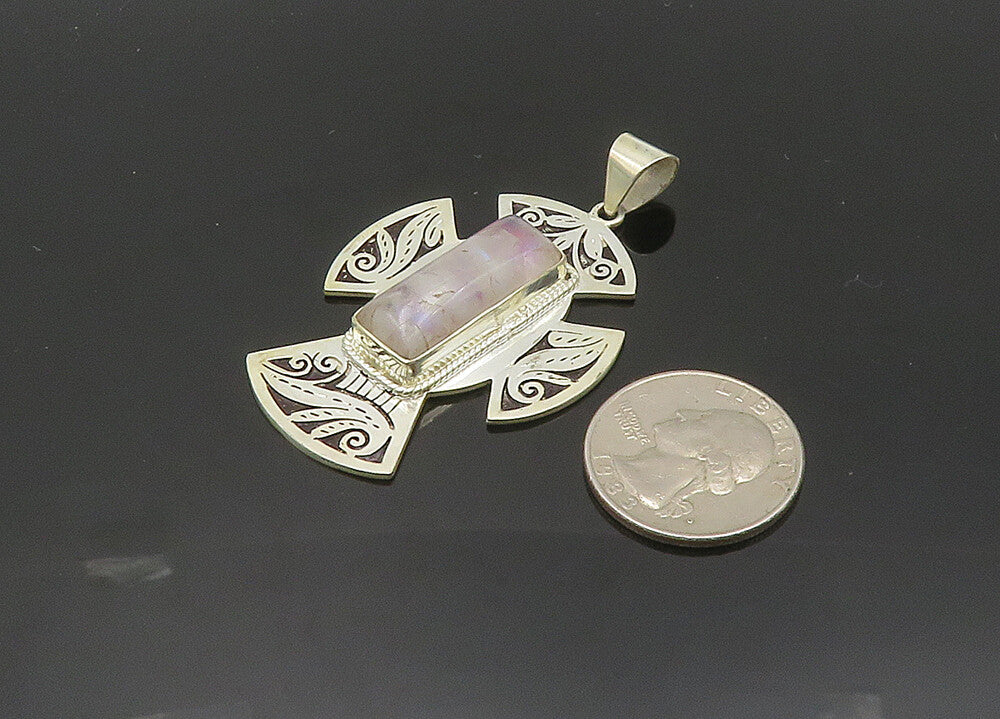 925 Sterling Silver  Vintage Cabochon Moonstone Floral Cross Pendant  PT16063