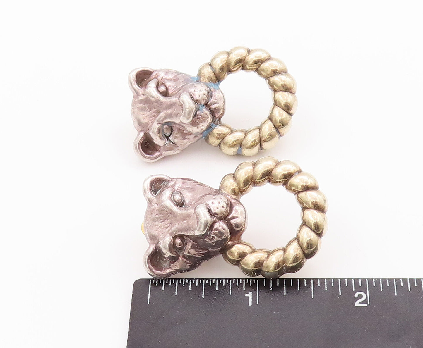 925 Sterling Silver Vintage Earrings Carved Leopard With Ring In Mouth   EG12996