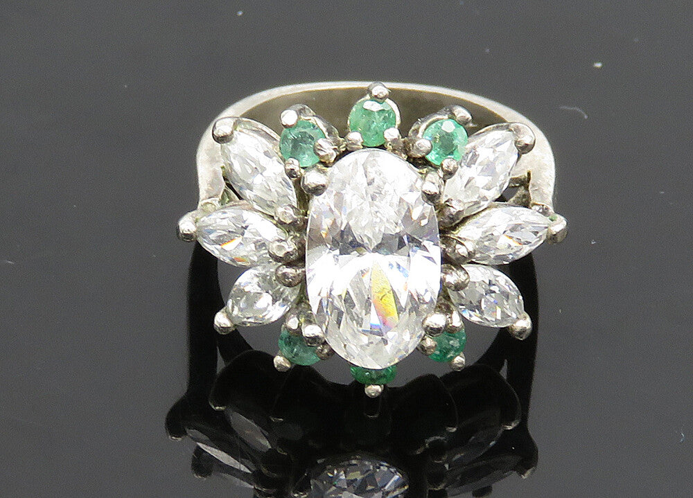 925 Silver  Vintage Cubic Zirconia & Topaz Floral Cocktail Ring Sz 6  RG19989