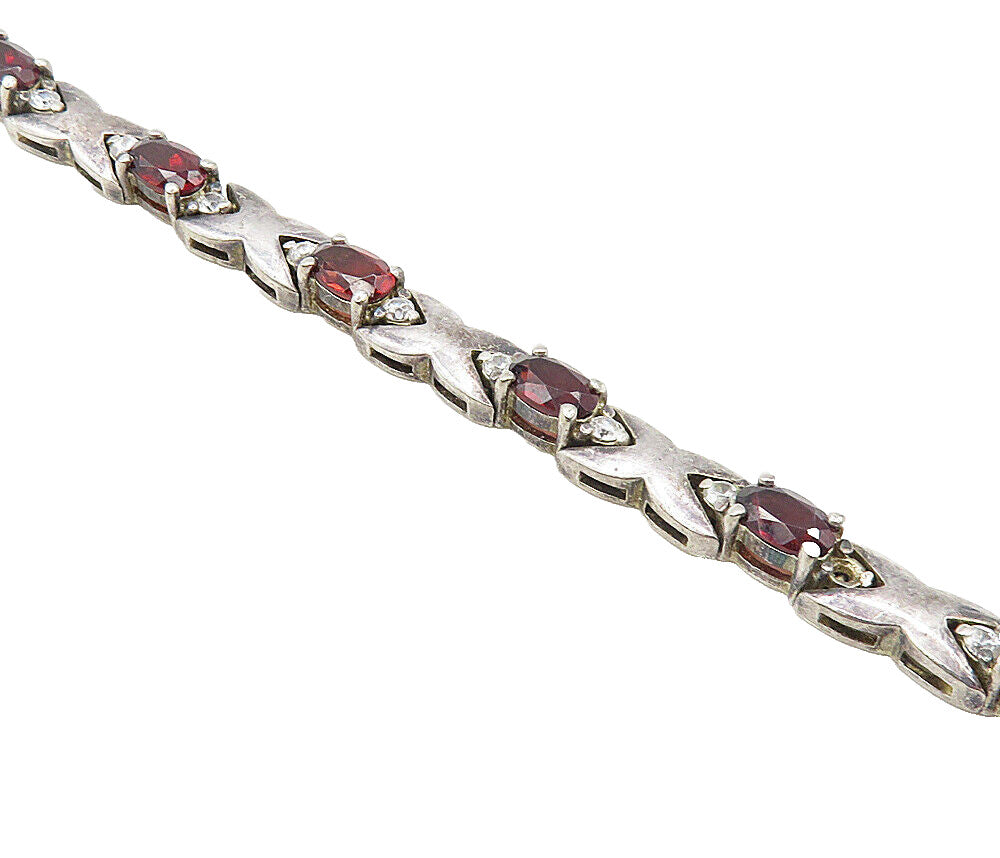 925 Sterling Silver  Vintage Red & White Topaz XO Link Chain Bracelet  BT4062