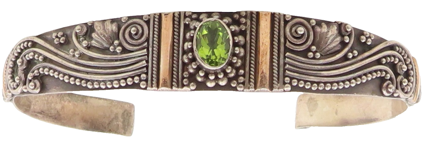 14k Gold & 925 Sterling Silver Vintage Bracelet Peridot Scrollwork Cuff  BT11995