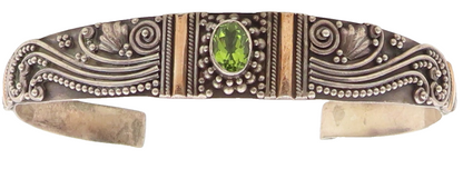 14k Gold & 925 Sterling Silver Vintage Bracelet Peridot Scrollwork Cuff  BT11995