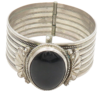 925 Sterling Silver  Vintage Black Onyx Ribbed Twist Bangle Bracelet  BT7498