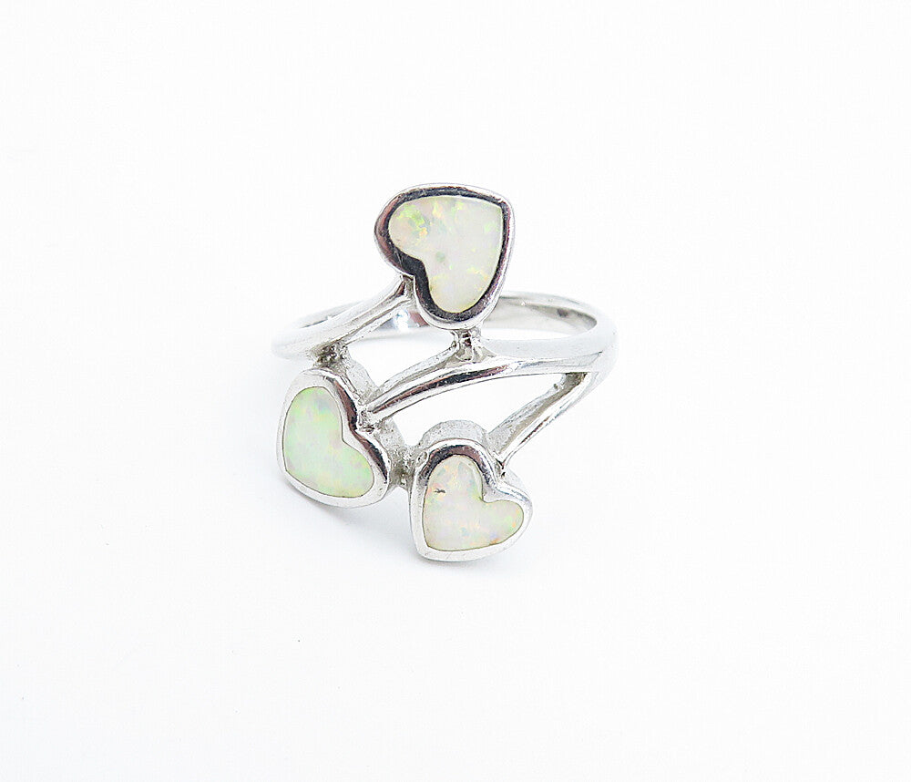 925 Sterling Silver Fire Opal Love Hearts Bypass Band Ring Sz 6.5 RG7923