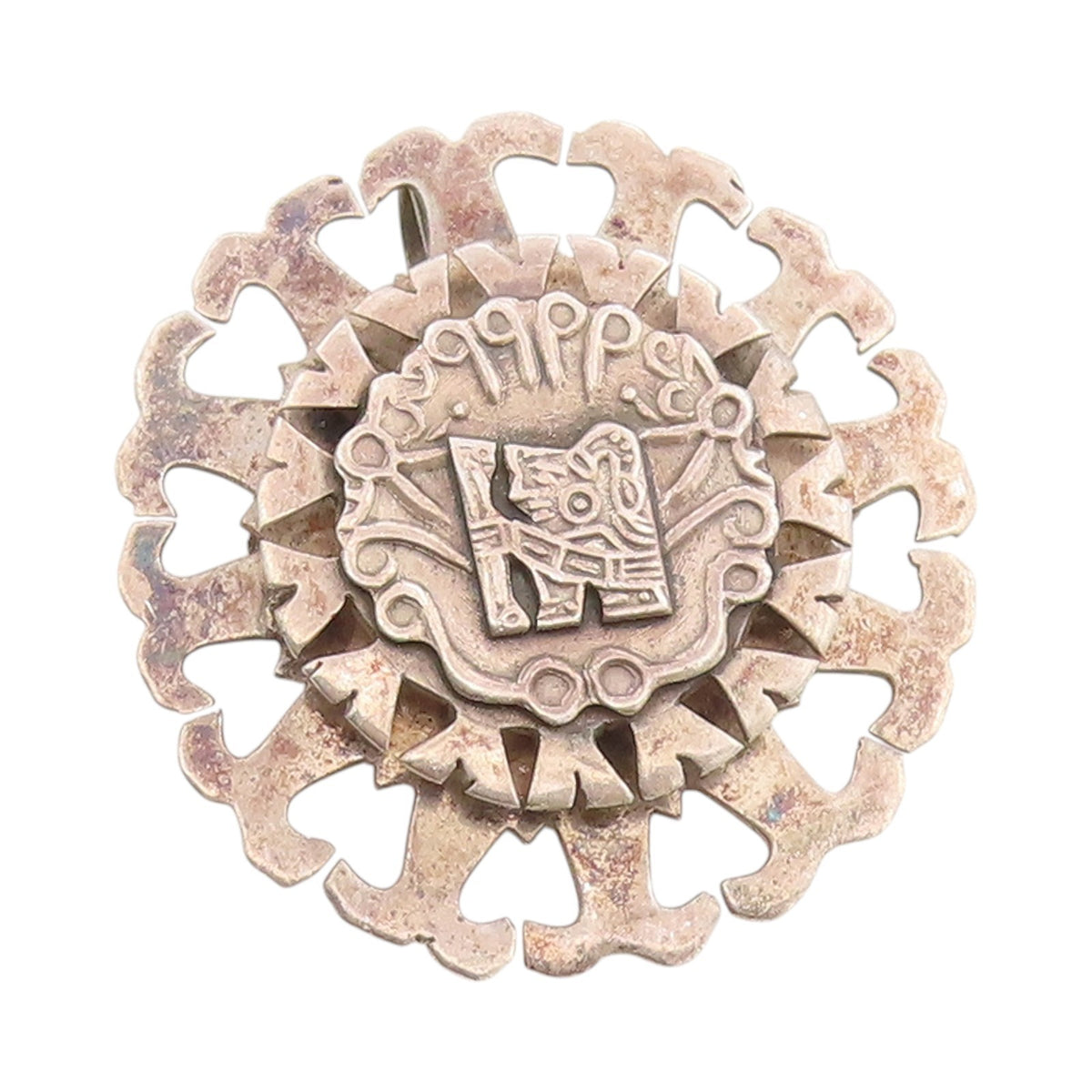 925 Sterling Silver Vintage Brooch Cutout Aztec Sun God Tonatiuh  BP11741