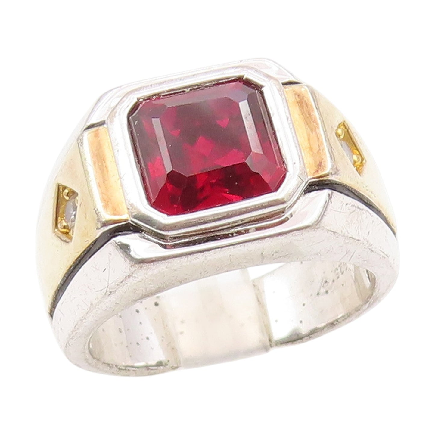 925 Sterling Silver Vintage Ring Cushion Cut CZ Two Tone Band  Sz 10.5  RG34377