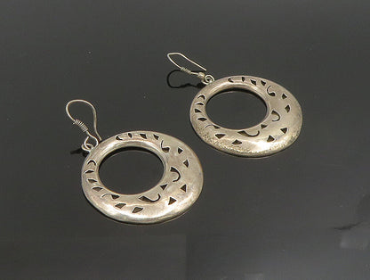 MEXICO 925 Silver  Vintage Open Circle Carved Shapes Dangle Earrings  EG11698