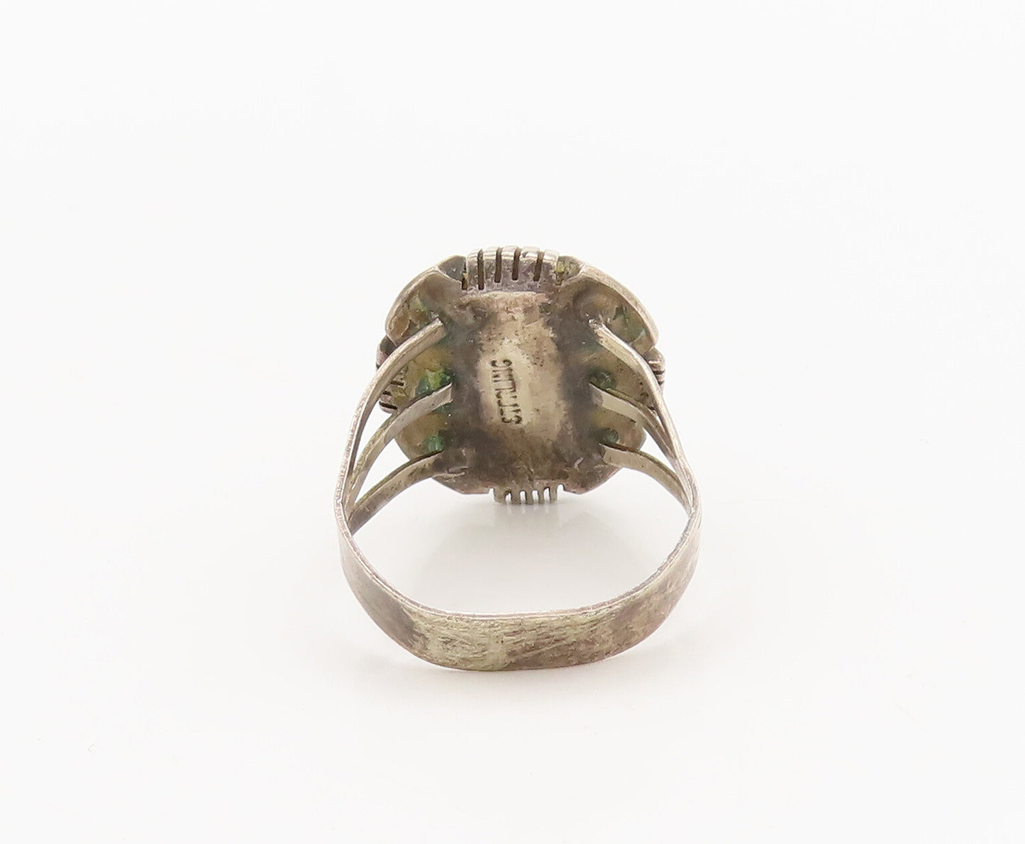 NAVAJO 925 Silver Vintage Turquoise Halo Carved Twisted Rope Ring Sz 7 RG26849