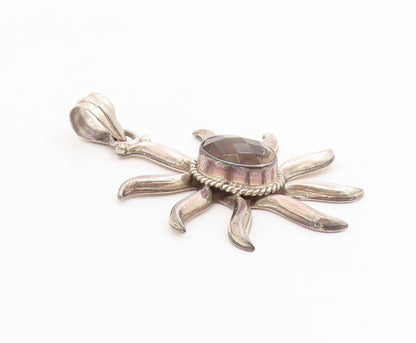 925 Sterling Silver Vintage Pendant Smoky Quartz Modernist Sunburst  PT26096