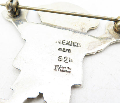 MEXICO 925 Sterling Silver  Vintage Etched Heart Happy Boy Brooch Pin  BP3044