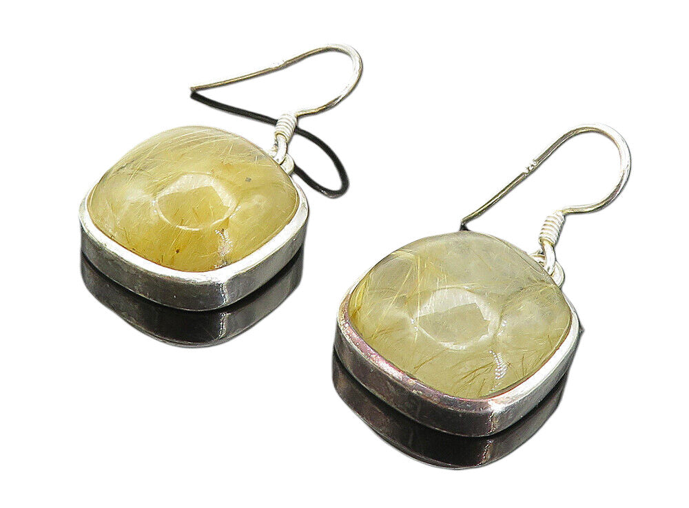 925 Sterling Silver  Vintage Cabochon Rutilated Quartz Dangle Earrings  EG3234